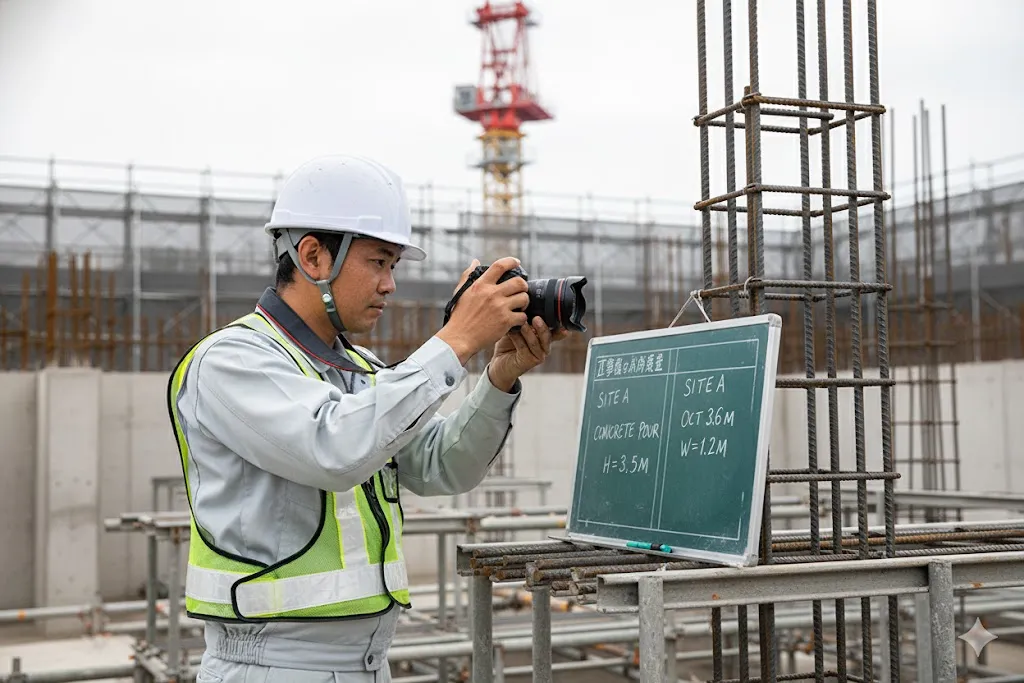 工事現場で品質管理のために工事写真を撮影する技術者