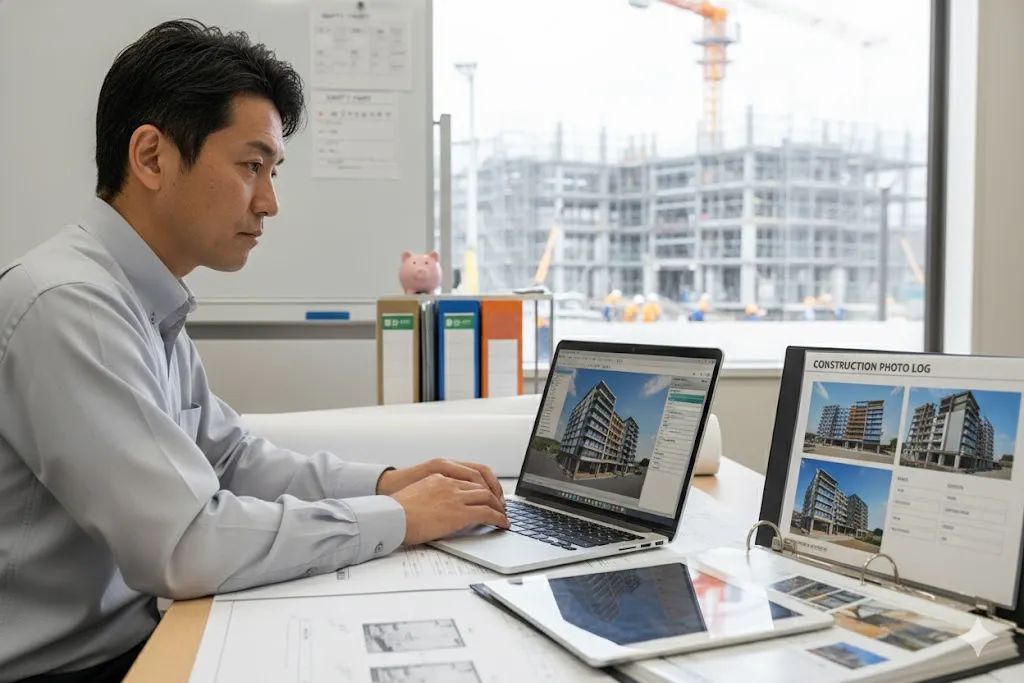 オフィスで電子納品支援ソフトを使い、工事写真のデータを作成する担当者