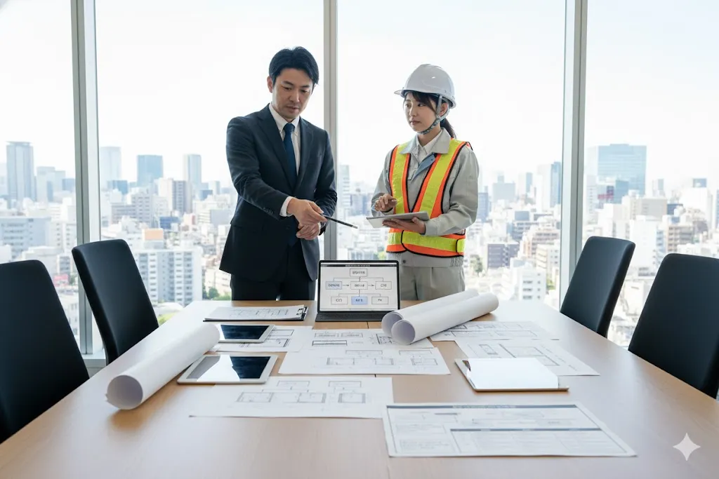 複数の調達方式の資料をテーブルで比較検討する発注者と専門家