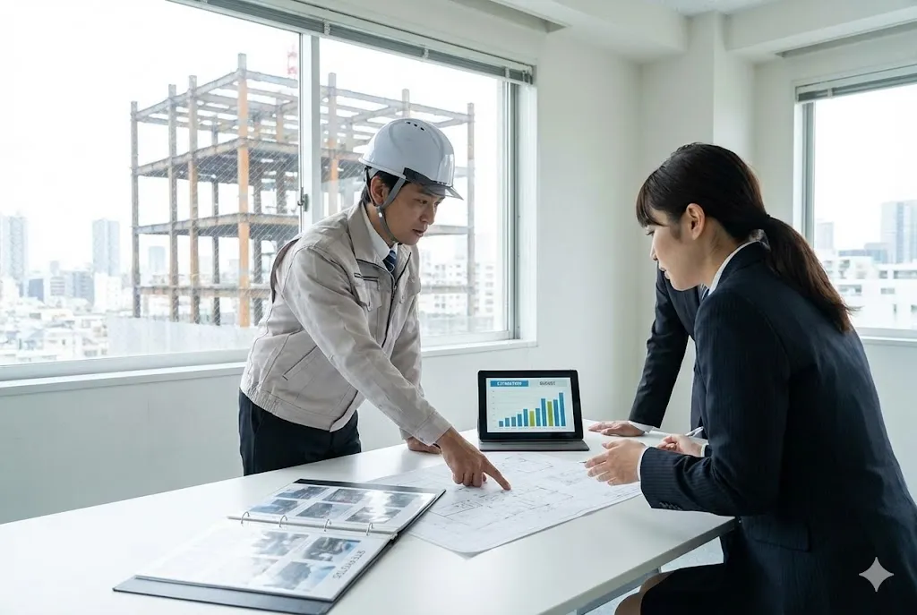 見積もりと実行予算のズレを防ぐために連携して打ち合わせをする現場監督と営業担当者