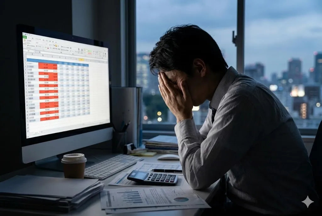 見積もりのズレにより赤字が発覚し頭を抱えるビジネスパーソン