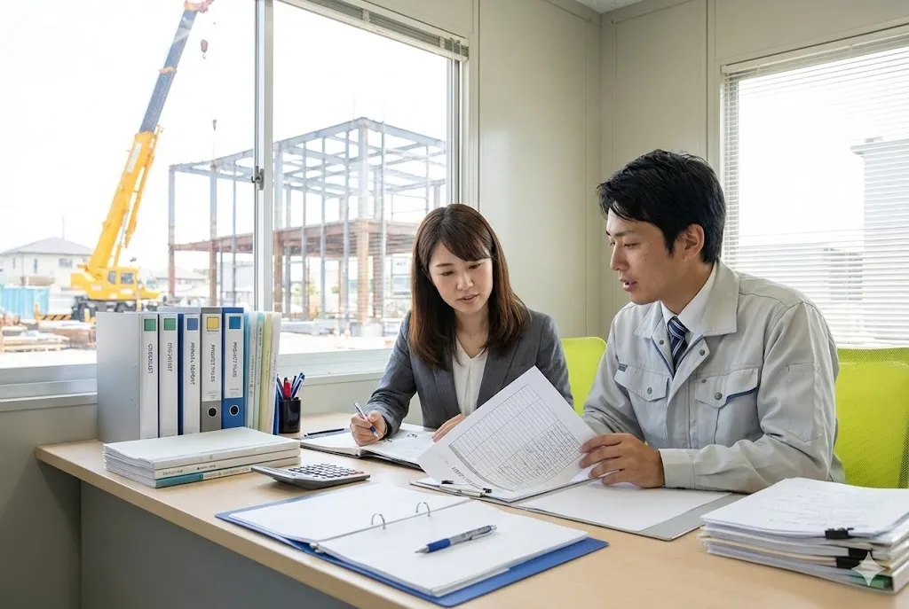 建設業の届出書類を確認する事務員とチェックリスト