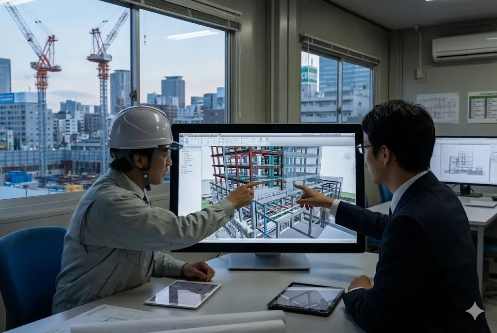 現場事務所のモニターでBIMモデルを確認しながら議論する現場監督と設計者