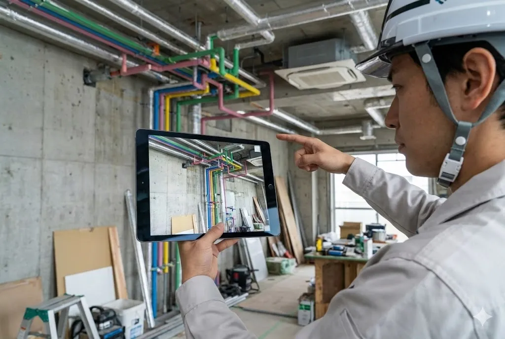 タブレットでBIMの設備モデルと現場の配管を照らし合わせる作業員