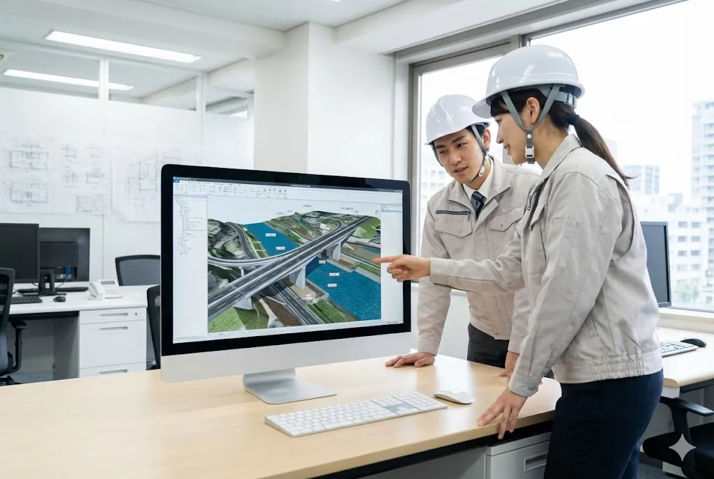 オフィスのモニターで土木構造物の3次元モデルを確認しながら議論する建設技術者