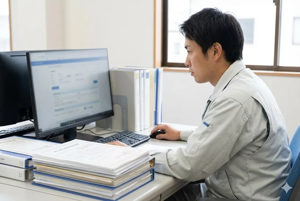 建設業の事務所でPCを使ってCCUSの事業者登録申請を行う担当者