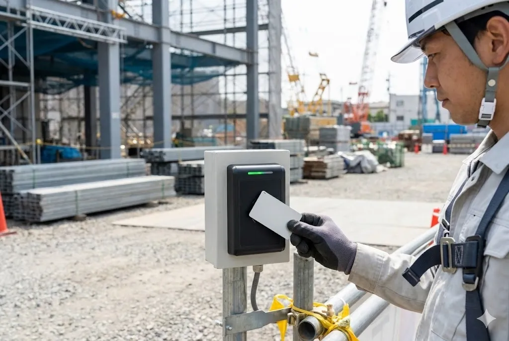 建設現場の入場時にCCUSカードをカードリーダーにかざして就業履歴を記録する様子