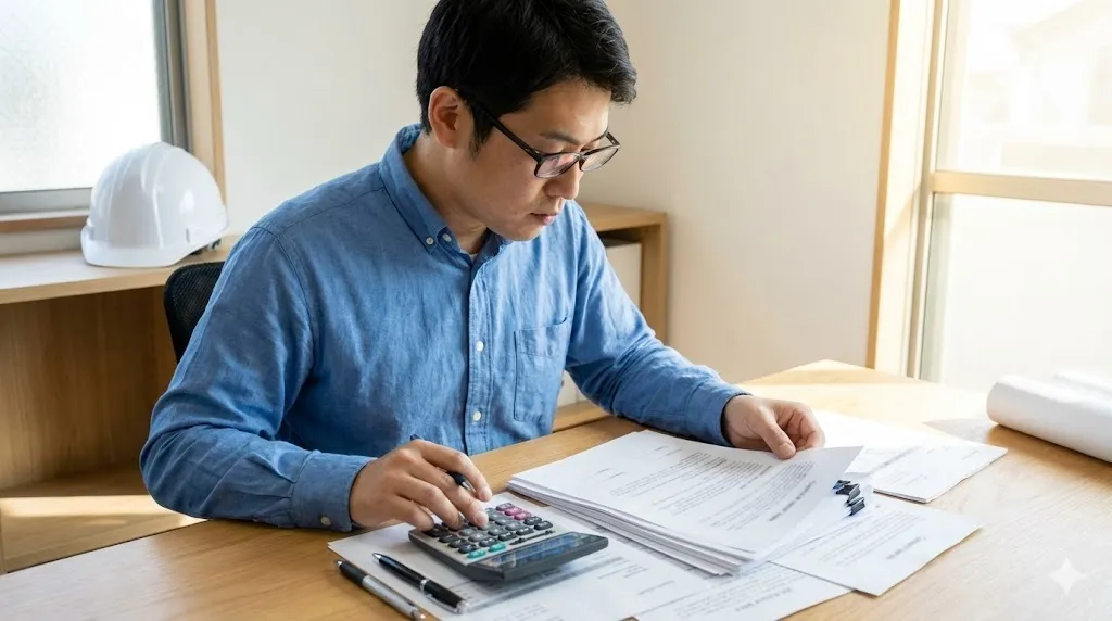 明るい事務所で工事請負契約書と請求書を照合する担当者の写真
