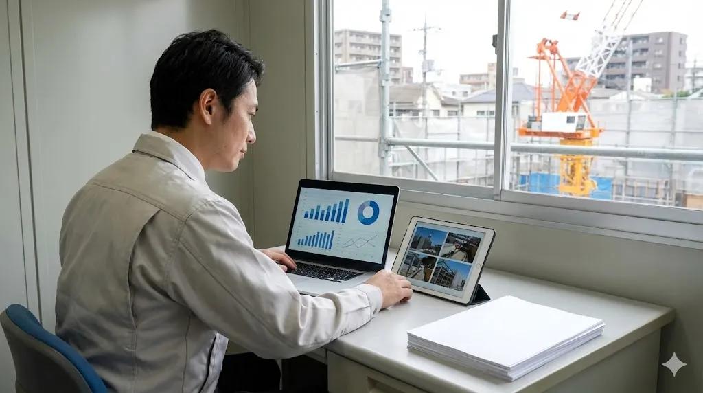 プレハブ事務所でPC画面と現場写真を確認しながら請求書を扱う風景
