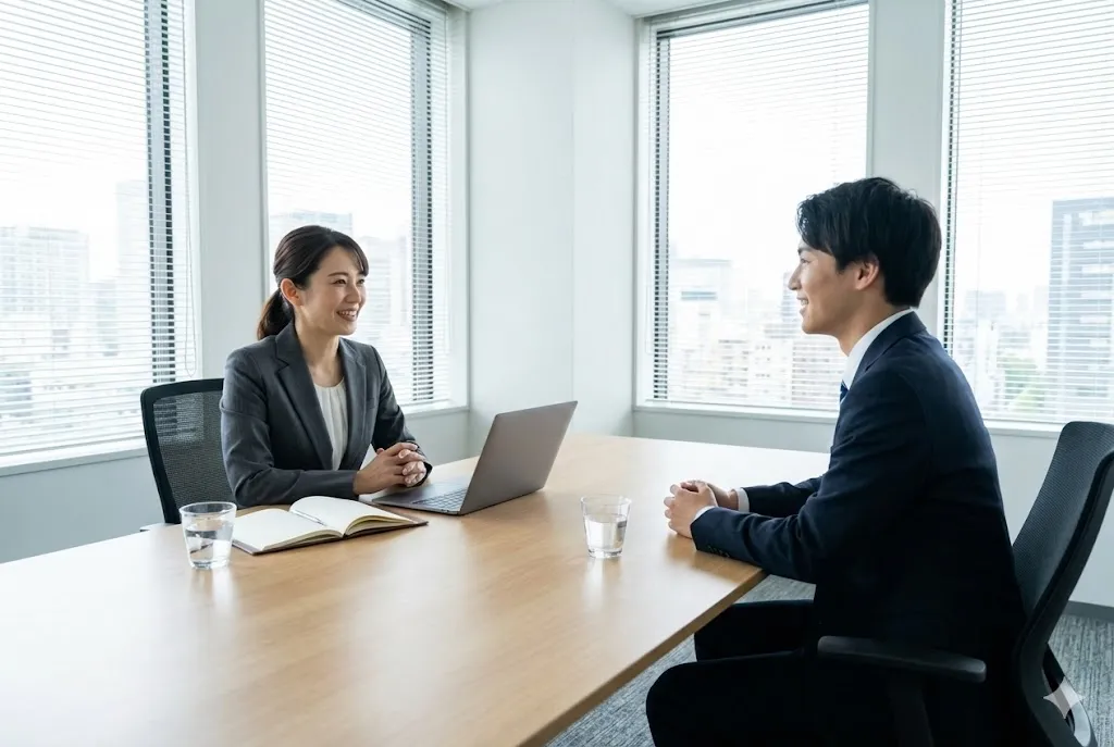 人事担当者が新入社員に対して丁寧なオンボーディング面談を実施している様子