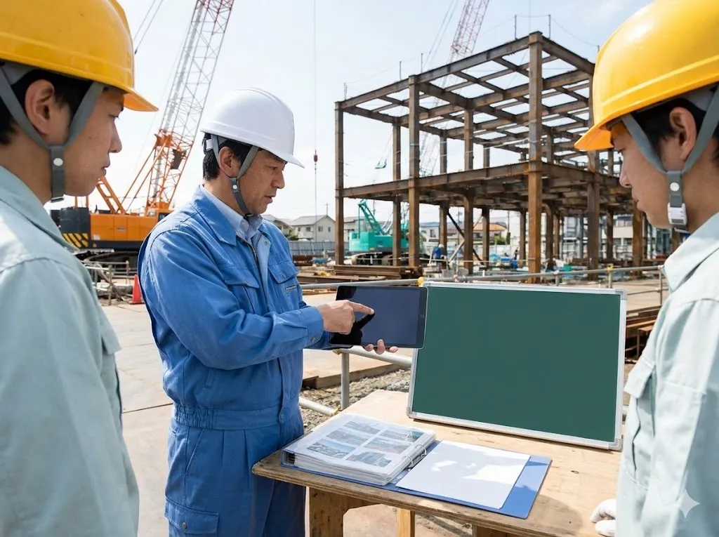 建設現場でデジタルタブレット端末を操作し労務記録を確認する日本人現場監督
