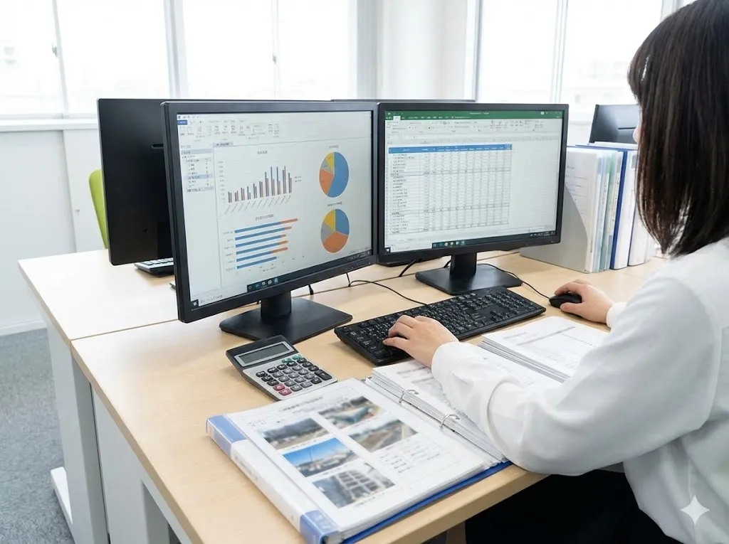 整理されたオフィスでパソコンを操作し労務管理システムを運用する事務スタッフ