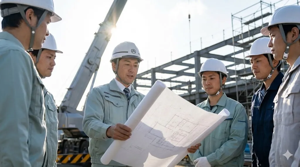 建設現場の責任者が図面を用いて作業員に直接指示を出しているプロフェッショナルな風景