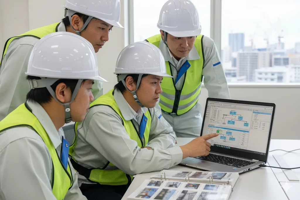 オフィスのデスクでパソコンを使い入札情報を確認する建設作業員