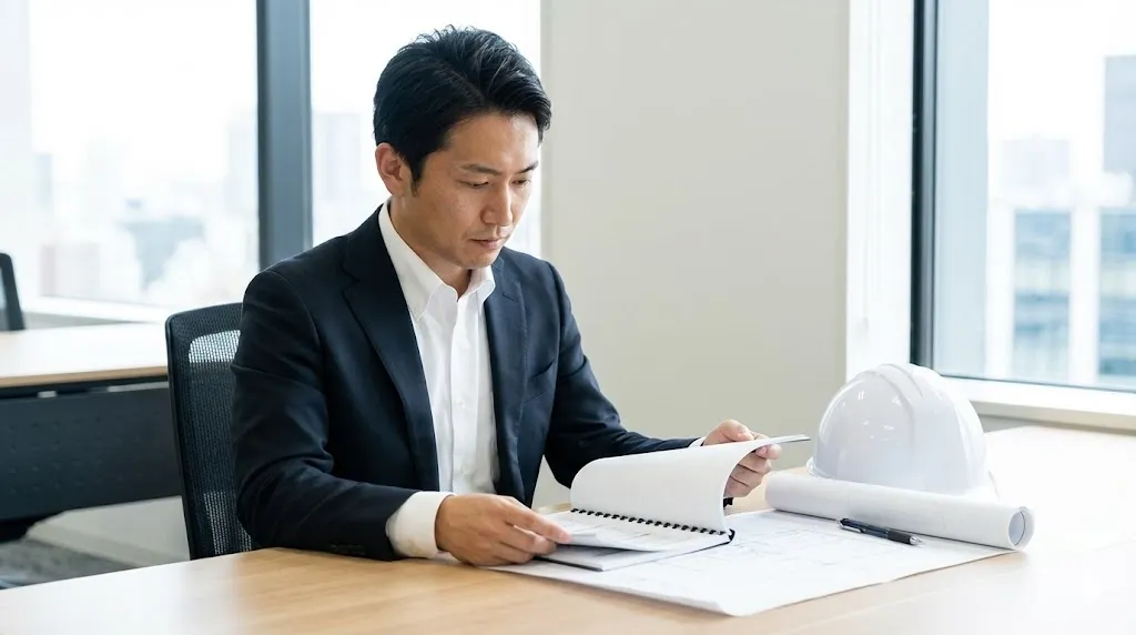 建設業の創業者が真剣な表情で定款を確認する様子