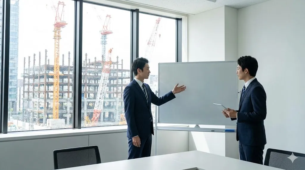 建設現場を見ながら事業計画を立てる二人のビジネスマン