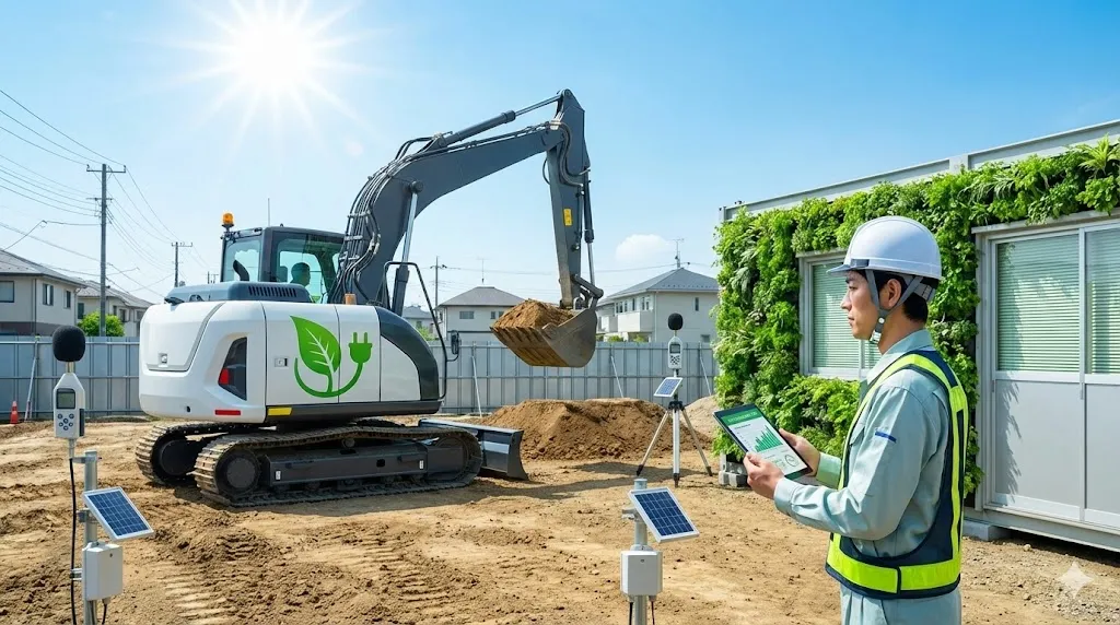 持続可能な建設現場で稼働する最新重機と環境モニタリングの様子