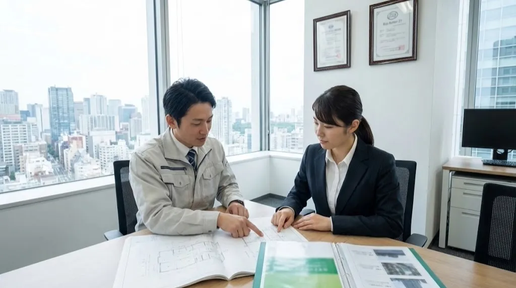 オフィスに飾られた環境認証の認定証と打ち合わせをする建設担当者