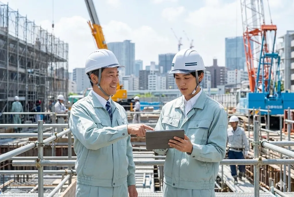 建設現場でデジタル端末を活用し最新技術を学ぶ若手技能者と指導員
