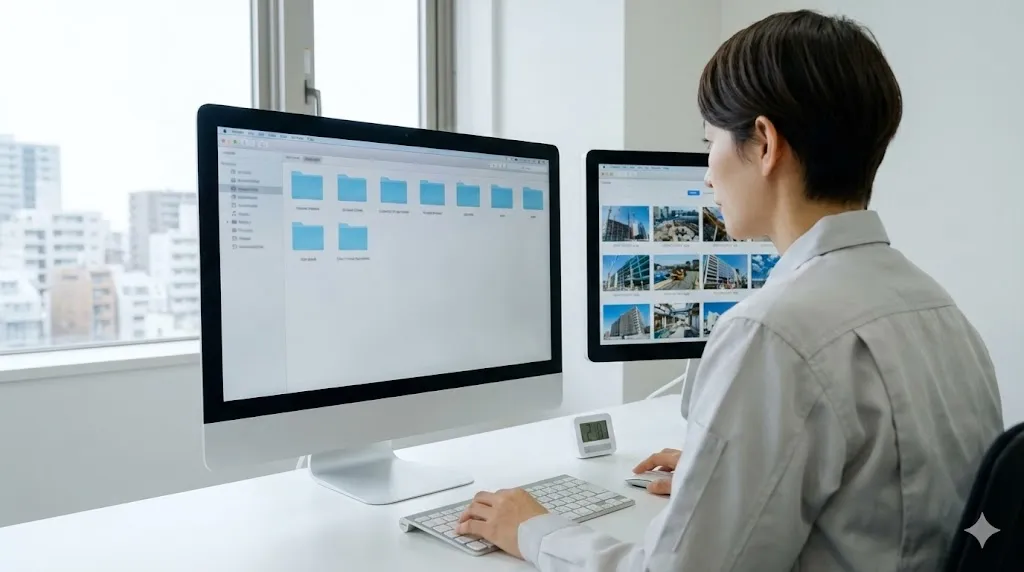 オフィスで工事写真のデータを整理しバックアップを行っている建設会社社員の作業風景