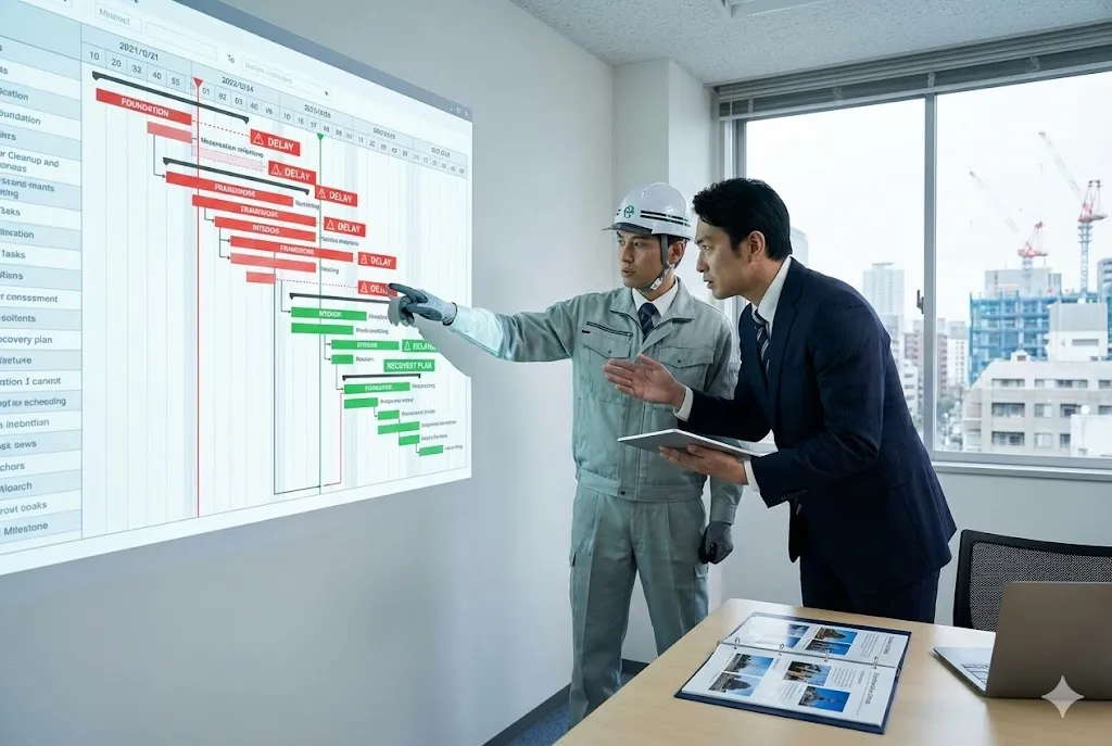 工程表のクリティカルパスを確認しながら対策を協議するプロジェクト責任者とエンジニア