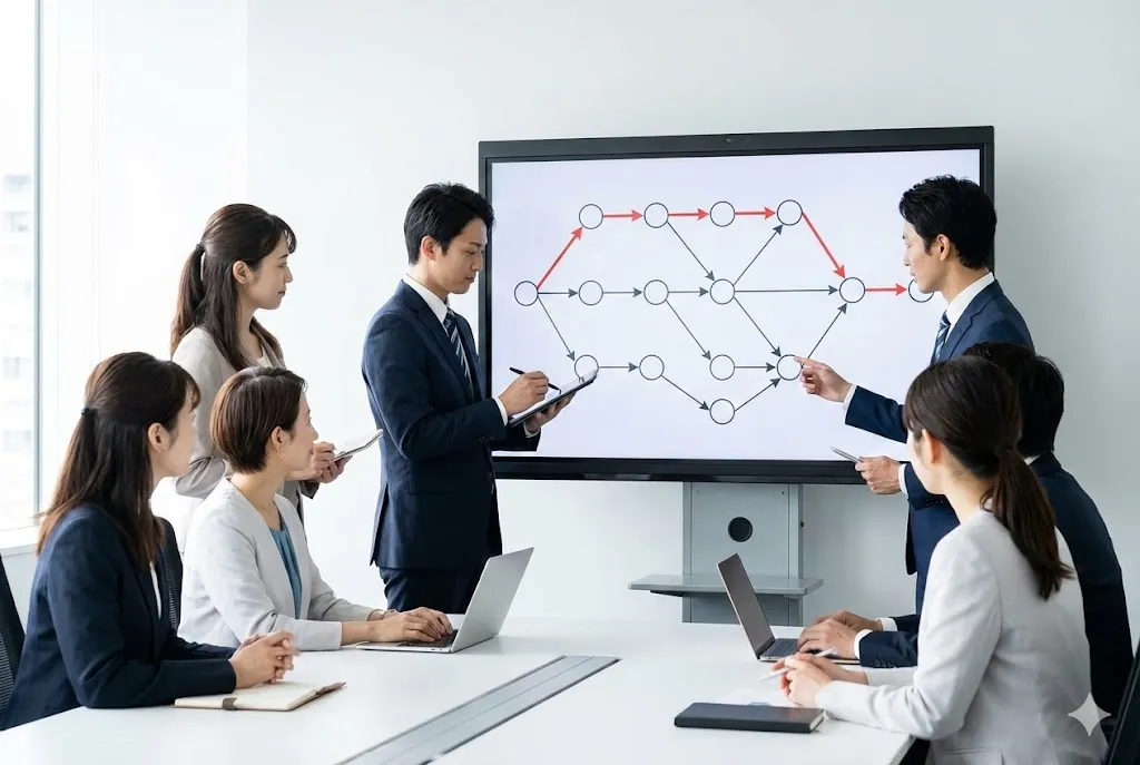 デジタル工程表で新しいクリティカルパスをシミュレーションするチーム