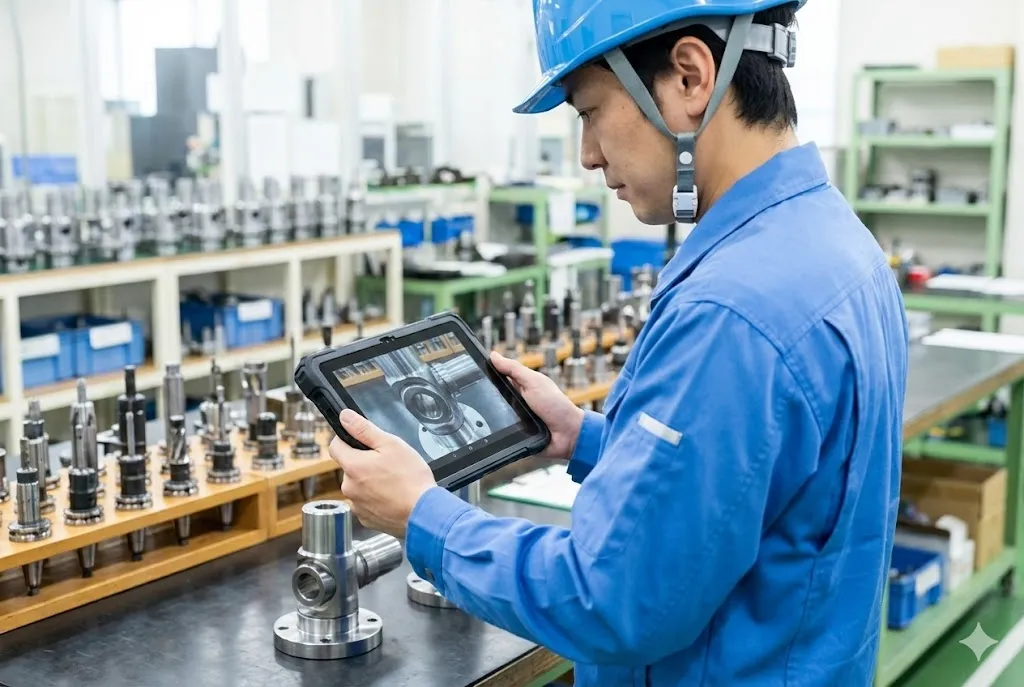 清潔な製造現場でスタッフがタブレットを使い製品の接合部を撮影する様子