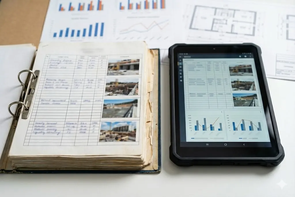 バインダーに綴じられた紙の台帳とデジタルタブレットの画面を比較する様子