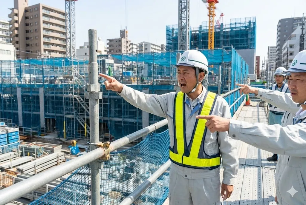 安全確認の指差し呼称を行う現場監督