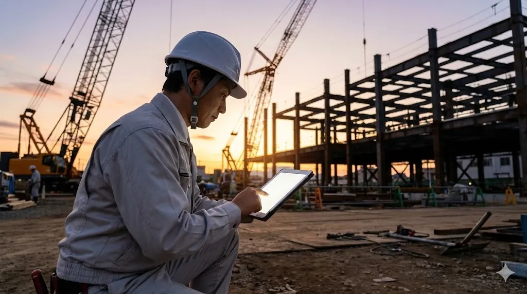 建設現場の作業員がタブレット端末を使用してリアルタイムに原価データを入力・共有している様子