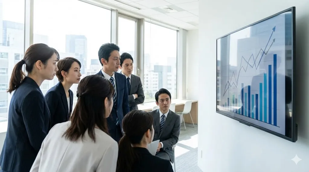 本社の社員が大きなモニターでプロジェクトの利益進捗を確認し、改善策を話し合っている写真