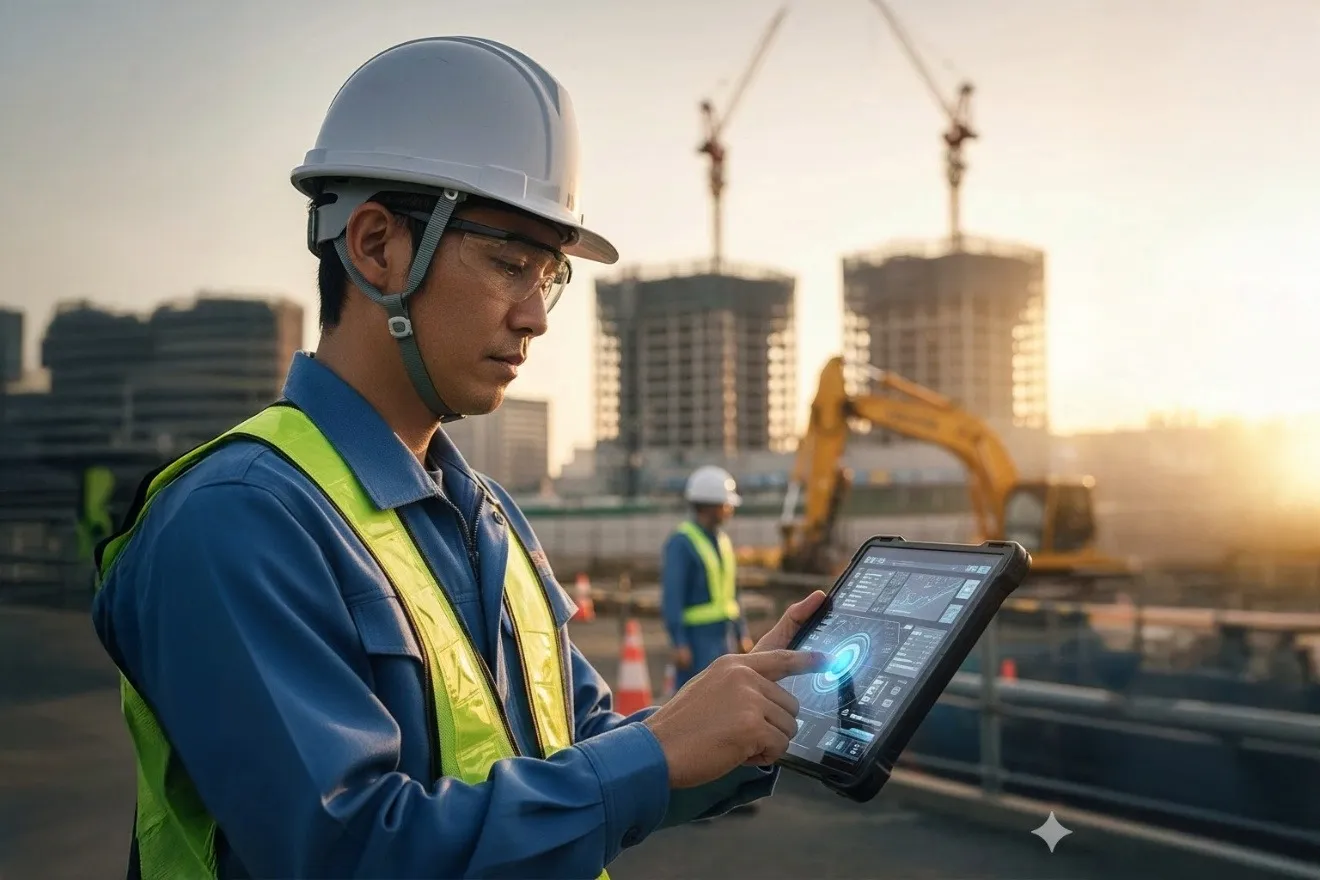 タブレット端末で施工管理を行う建設作業員