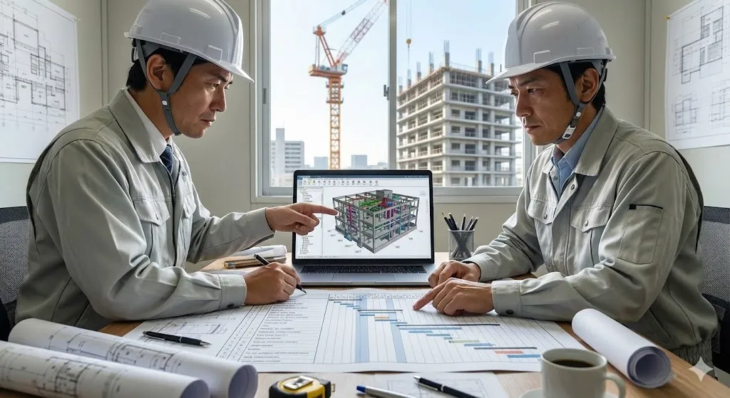 建設現場で施工計画書の内容を精査する現場監督の姿