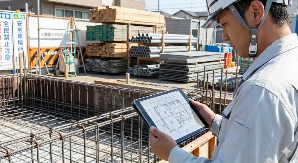 建設現場で施工計画と現況の整合性をチェックする様子