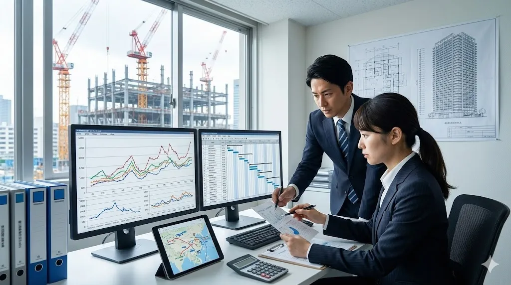 オフィスで資材の価格データと工程表を分析する調達担当者の様子