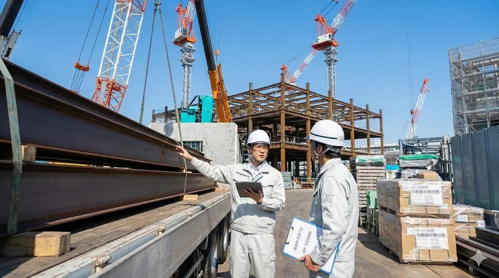 建設現場で資材納入の立ち会いと調整を行う調達担当者の姿
