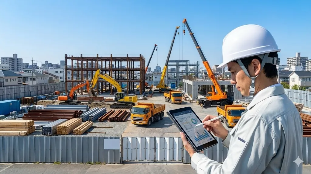建設現場でタブレットを活用し生産性向上を図る現場責任者のイメージ