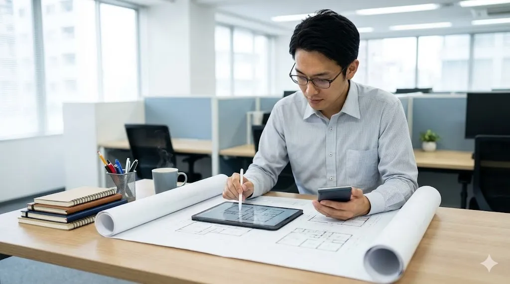 設計図面と計測器具を用いて正確な数量算出を行うデスクの風景