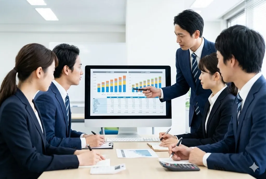 オフィスでコスト構造について打ち合わせをするビジネスパーソンの様子
