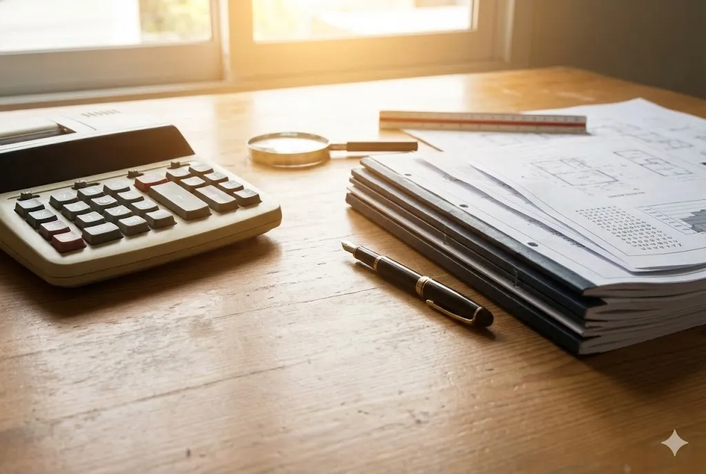デスクの上に置かれた電卓と見積書類のクローズアップ