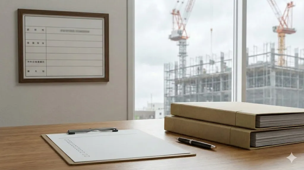 重要事項のチェックリストと書類が置かれたデスク