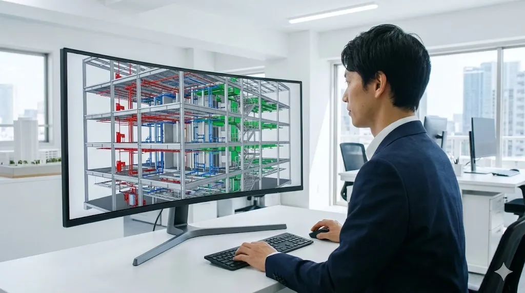 建物の内部構造や設備情報が色分けされた精密なBIMモデルを表示する大型モニター