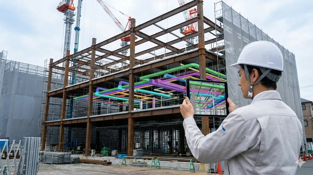 建設現場でタブレットのAR機能を使用して鉄骨構造に配管データを重ねて確認する様子