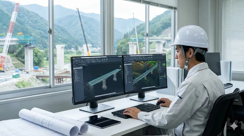 建設現場で最新のCIMソフトを使用して橋梁の3次元モデルを設計する技術者の写真
