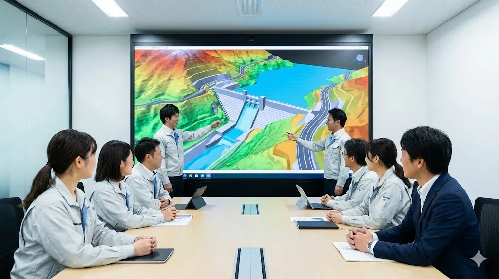 3Dシミュレーションモデルを活用してプロジェクトの合意形成を行う建設関係者の打ち合わせ風景