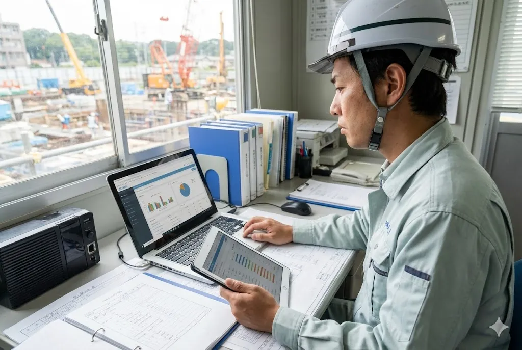 建設現場の入り口に設置されたICカードリーダーにCCUSカードをかざす技能者の手元