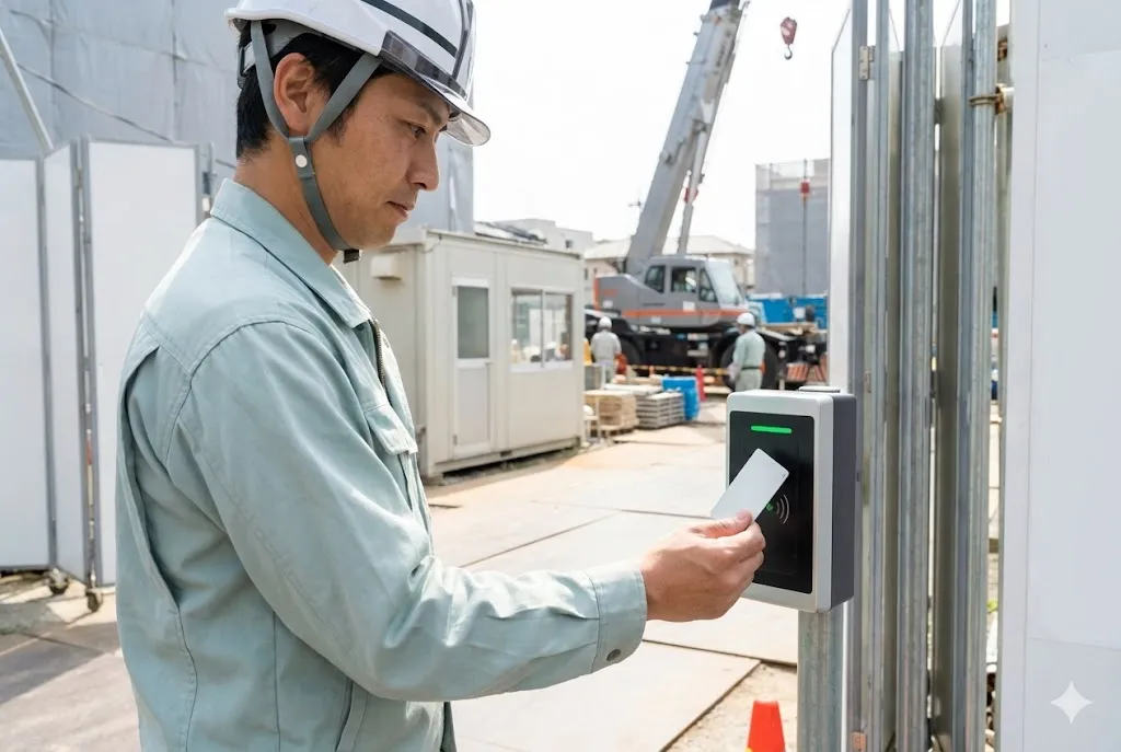 タブレットでCCUSの管理画面を確認し就業履歴をチェックする現場監督