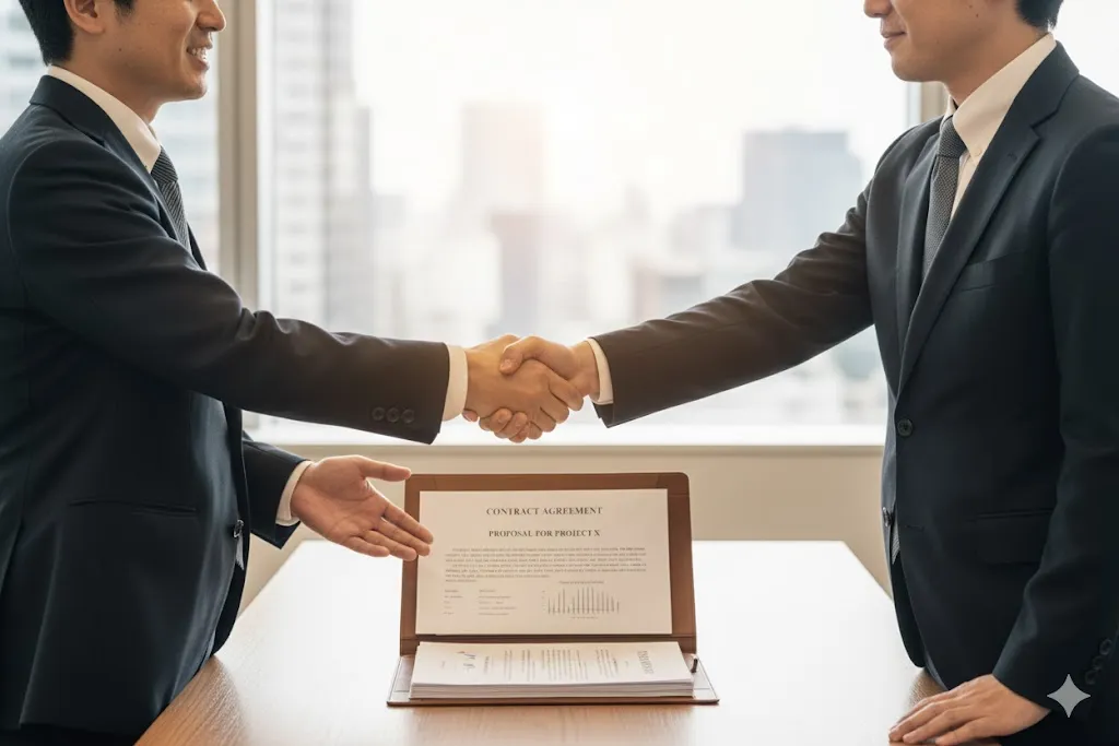 契約が成立し握手を交わすビジネスパーソン