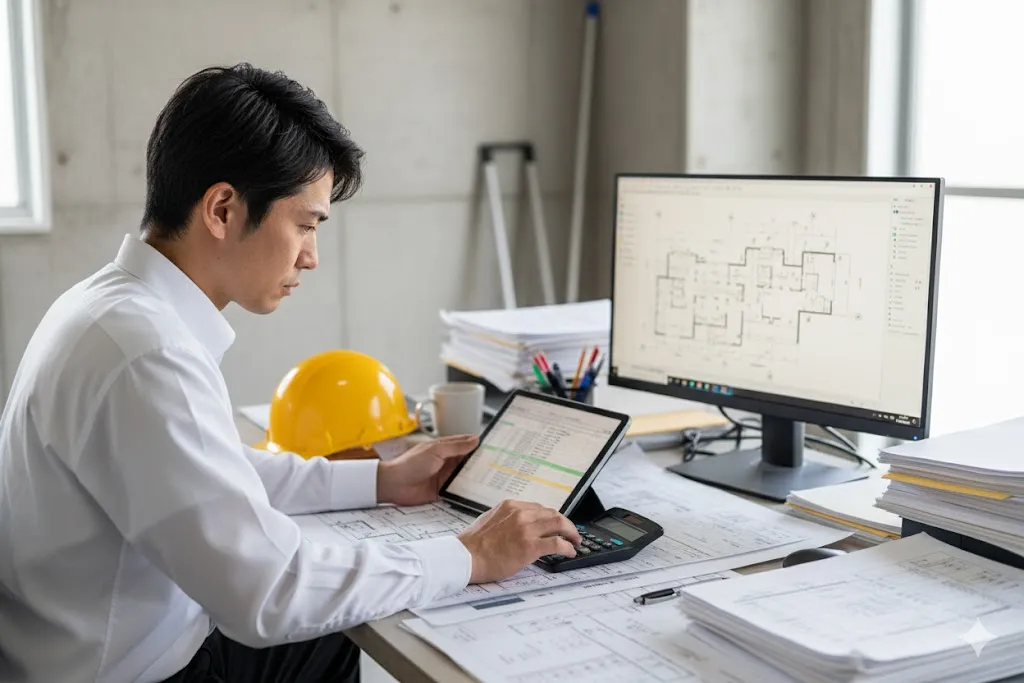 設計図を見ながらパソコンで積算業務を行う担当者