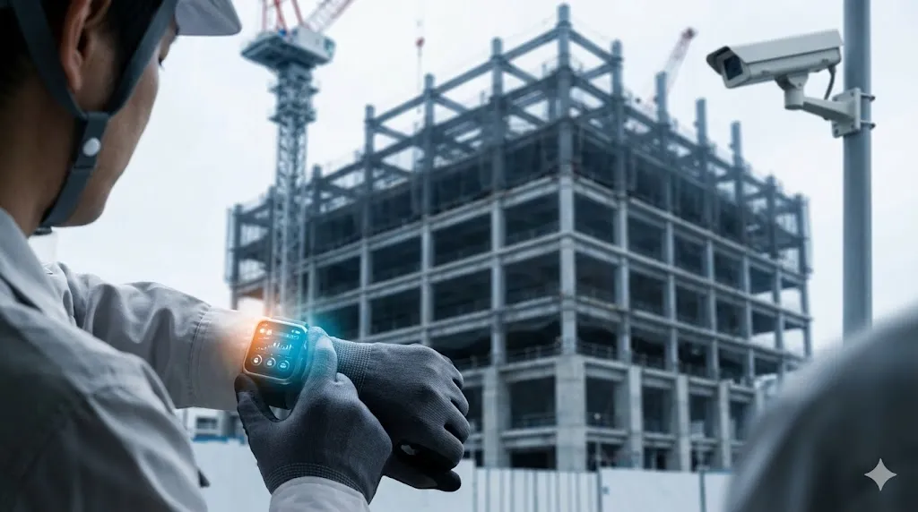 腕にスマートウォッチ型デバイスを装着し、安全確認を行う建設作業員と背後のAI監視カメラ